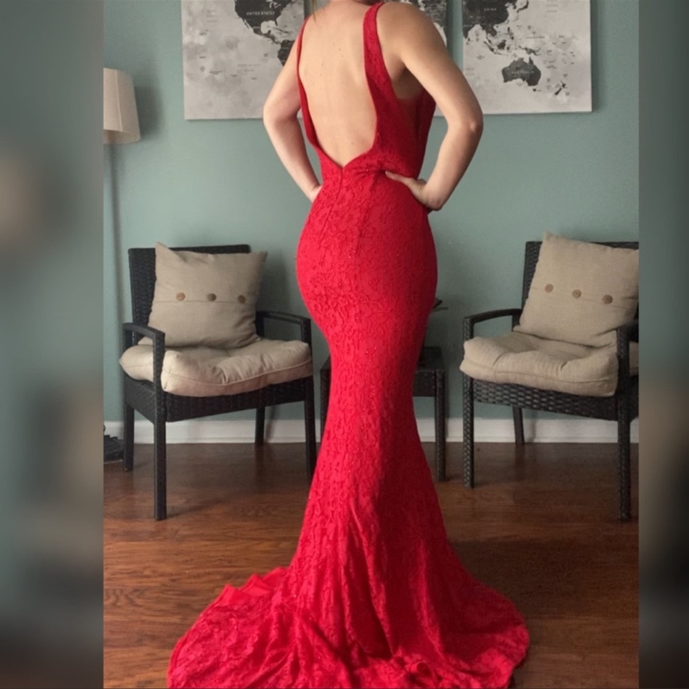 Red lace mermaid dress Abby Paris